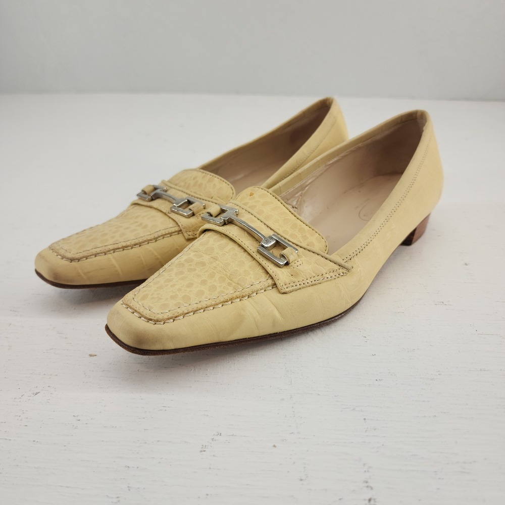 Talbots 7W | Yellow Croc Embossed Leather Bit Loafers Square Toe Italy Womens